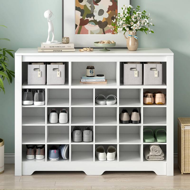 Contemporary 24-Cubby Shoe Console: Stylish, High-Quality Storage Solution - White