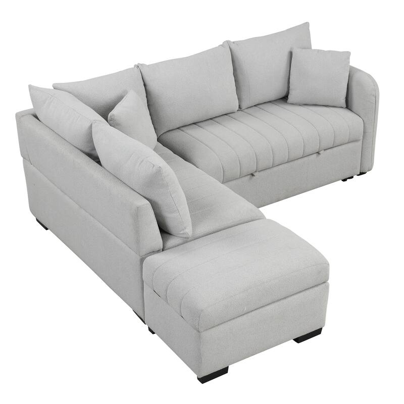 82.6" Polyester L-Shape Sectional Pull-Out Sofa Bed with Storage Ottoman, USB Ports and Power Sockets