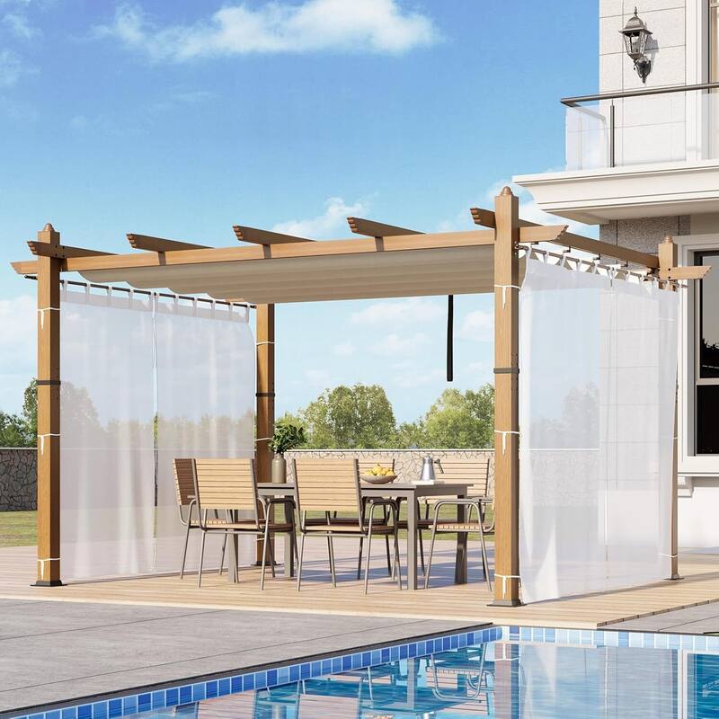10*13FT mesh aluminum flower stand, imitation wood grain column, off-white curtain, white mesh - 10*13FT