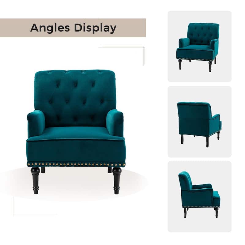 Geltrude Transitional Upholstered Button Tufted Club Chair with turned wooden Legs by HULALA HOME