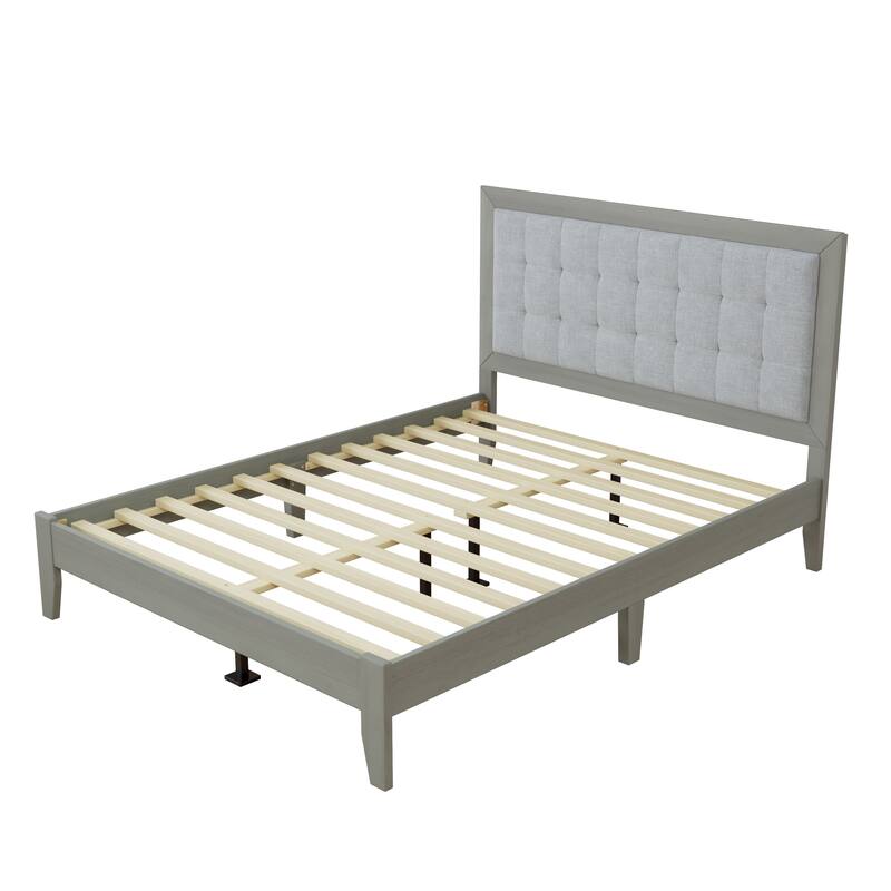 Roomfitters Solid Wood Platform Bed Frame, Mid-Century Upholstered Foundation with Tufted Headboard and Slats, Grey