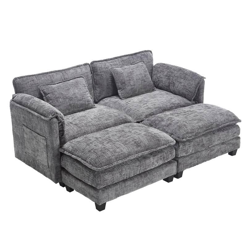 Chenille Sleeper Sofa Bed Deep Seat Loveseat Sectional Couch with Ottomans Chaise Lounge, Detachable Armrests and Side Pockets