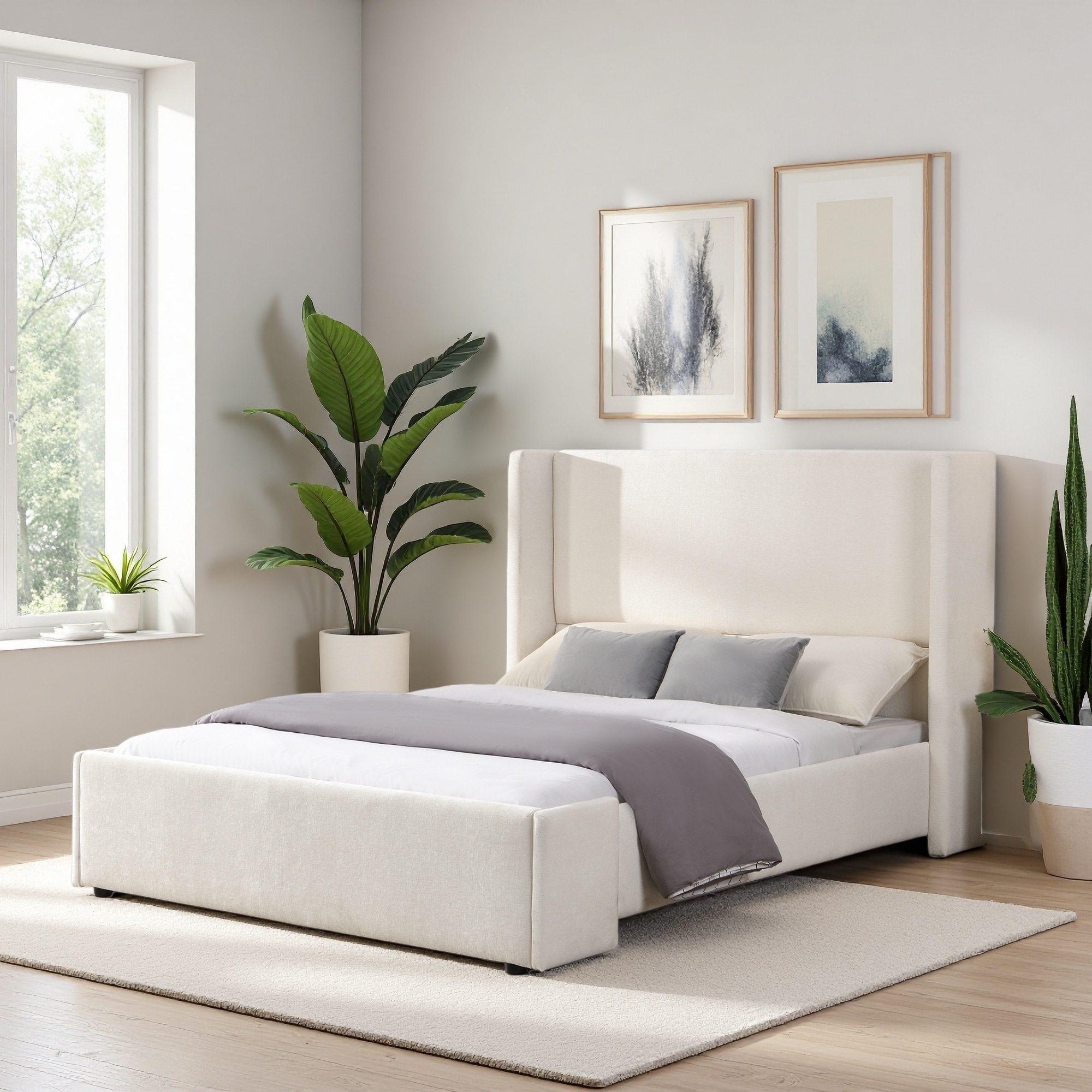 Upholstered Wingback Bed with Tall Headboard