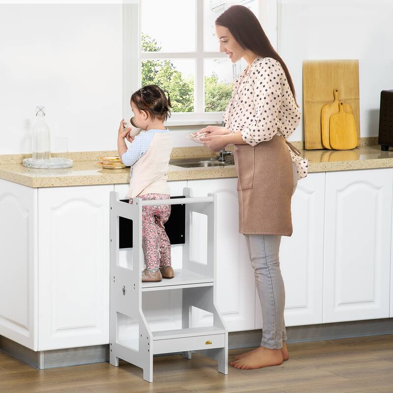 Kids Kitchen Step Stool, 2 in 1 Kitchen Table Set Toddler Standing Tower with Chalkboard, Safety Rail