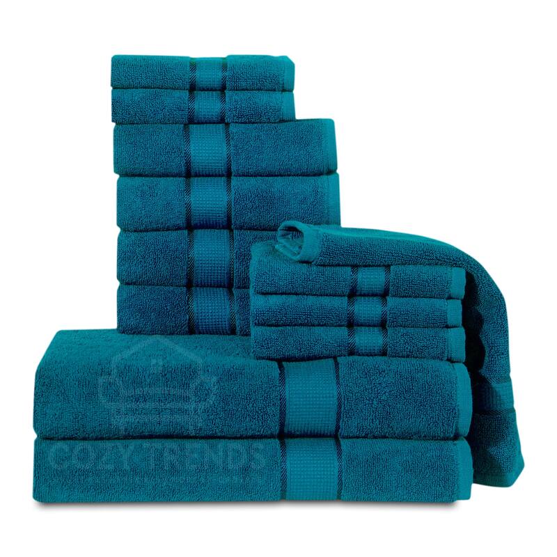 12 Piece Towel Set 600 GSM Long-Staple Combed Cotton Absorbent Bath Towels