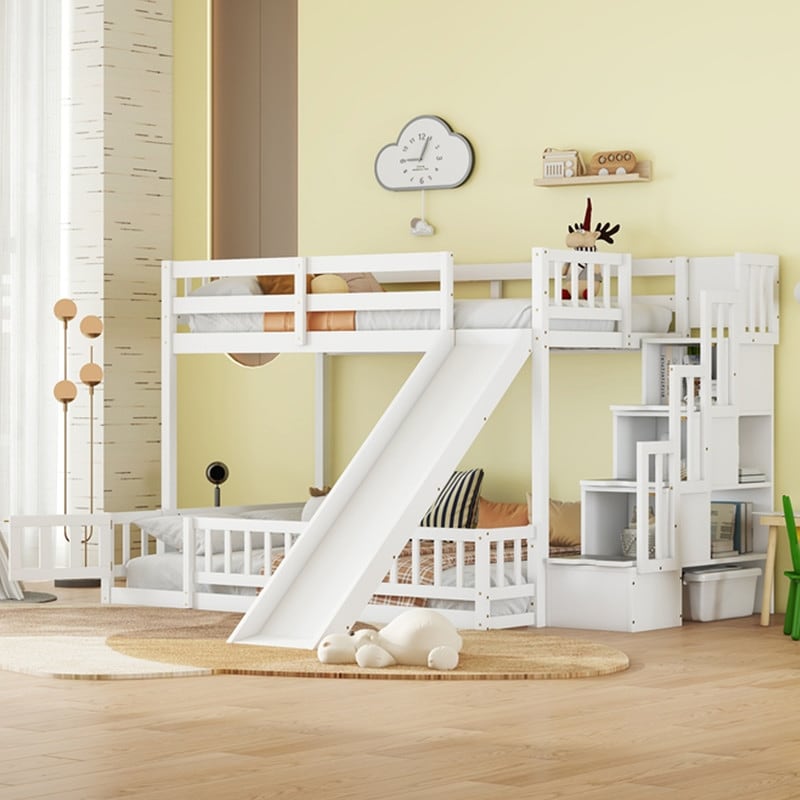 Twin Over Full Bunk Bed with Slide,Storage Staircase and Safety Guardrails