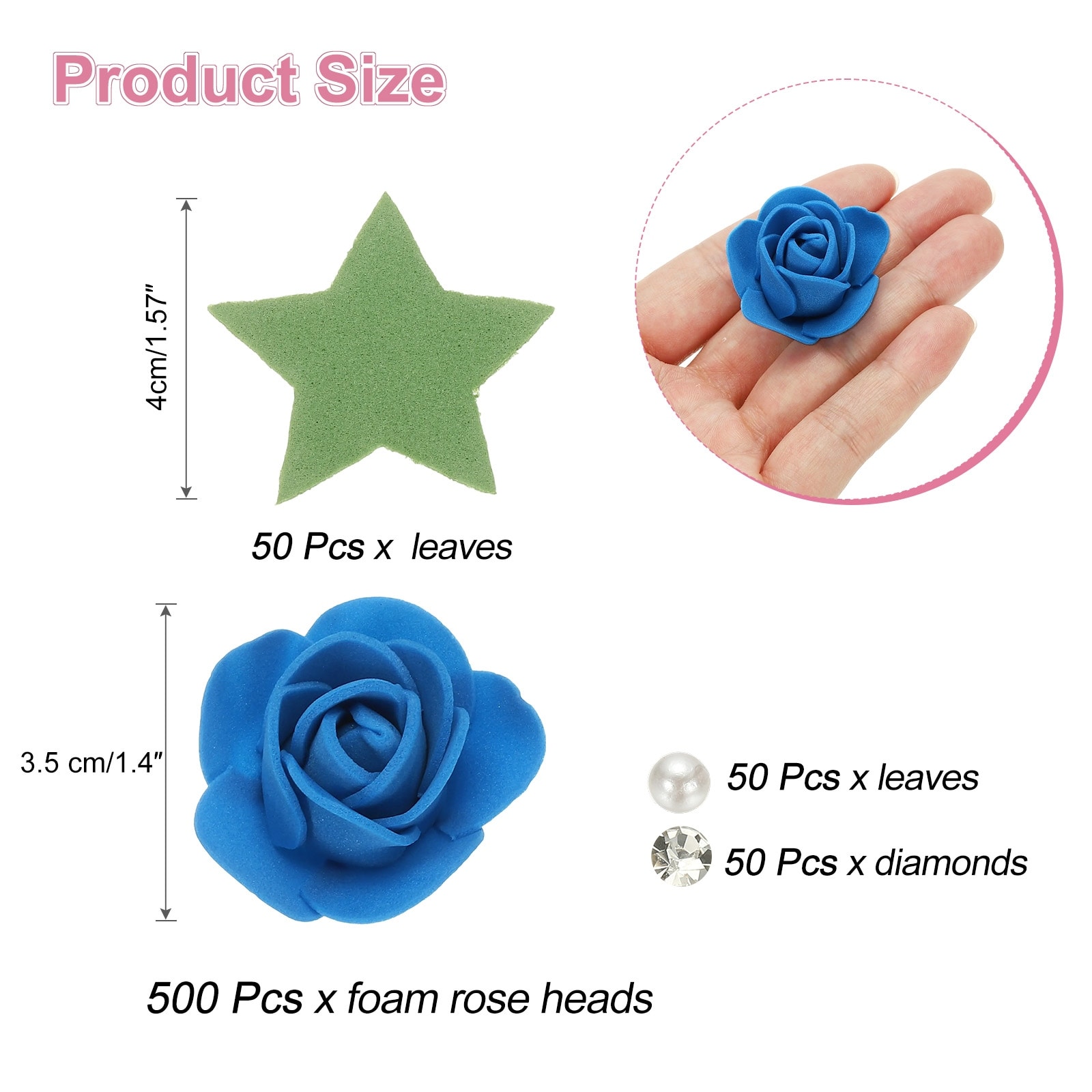 Foam Rose Heads, Artificial Bulk Stemless Foam Fake Flowers with Leaves Pearl Diamonds for DIY Crafts Accessories