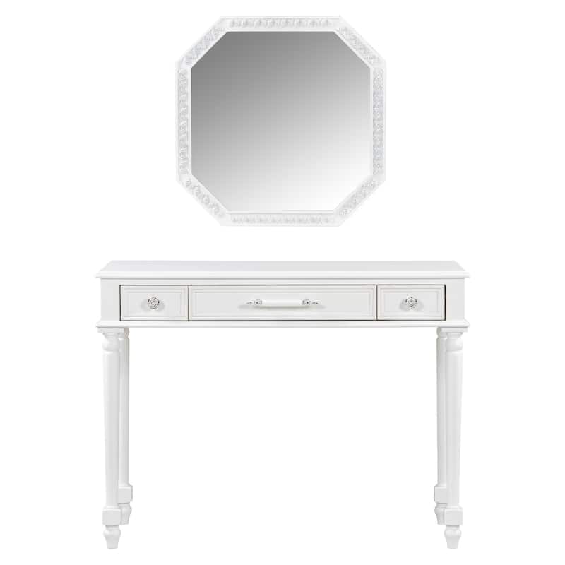 Retro Makeup Desk with Large Mirror, 3-Drawer Dressing Table - White