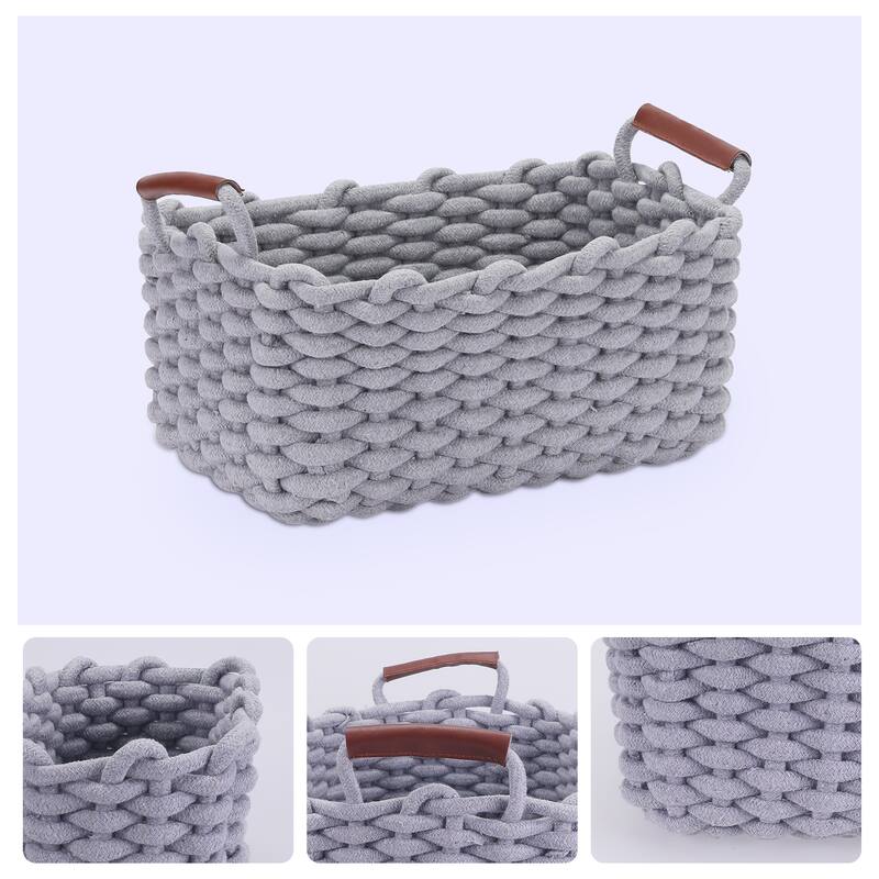3 Pack Woven Storage Basket, Shelf Closet Storage Bin with Handles for Key Tray Bowl for Entryway Desk - 7*5.5*5in/12*8.3*6.3in - Grey