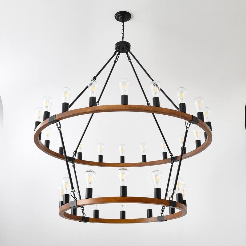Farmhouse Wagon Wheel Chandelier - Rustic Wood & Metal Adjustable Pendant Light for Dining Rooms, Kitchens & Entryways