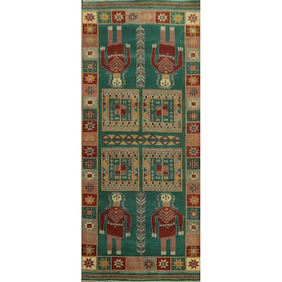 Hand-knotted Traditional Wool Green Geometric Oriental Area Rug - 9' 10'' X 4' 0''