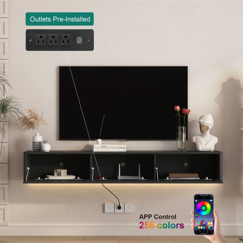 Floating LED TV Stand for Living Room, Wall Mounted TV Console Table with Power Outlet