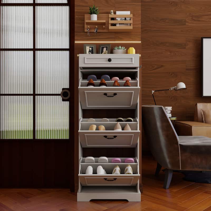 Anmytek Antique White Narrow Shoe Organizer Cabinet - 1 Drawer and 3 Flip Drawers