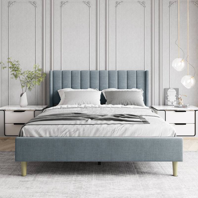 Aufank Bed Frame Upholstered Platform with Wooden Slats, Noise-Free