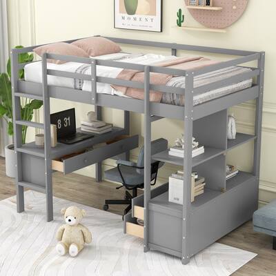 Twin Size Kids Loft Bed with Desk, Storage, Ladder & Safety Guardrail