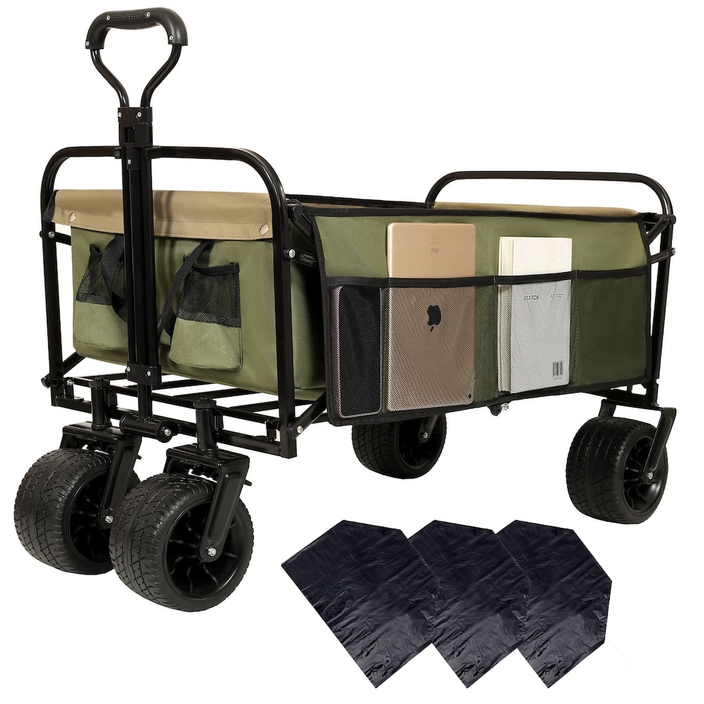 440lb Capacity Heavy-Duty Collapsible Wagon - with Storage Straps & 3-Piece Liner Bag Set