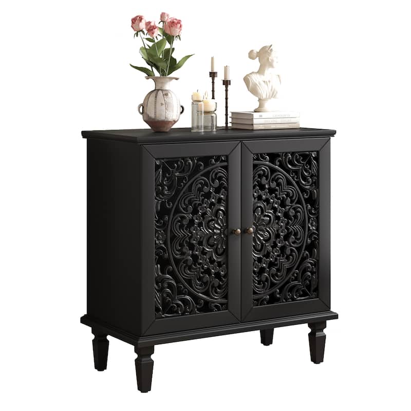 GDF Studio - Vintage Hollow-Carved Accent Cabinet, 2-Door Display Sideboard with Adjustable Shelf