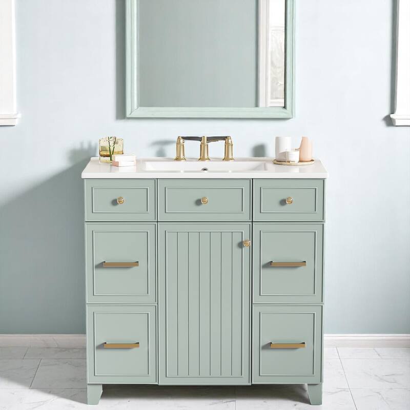 36 Inch Freestanding Bathroom Vanity with Sink, Soft Close Doors, Adjustable Shelves & Double-Depth Drawer - Green