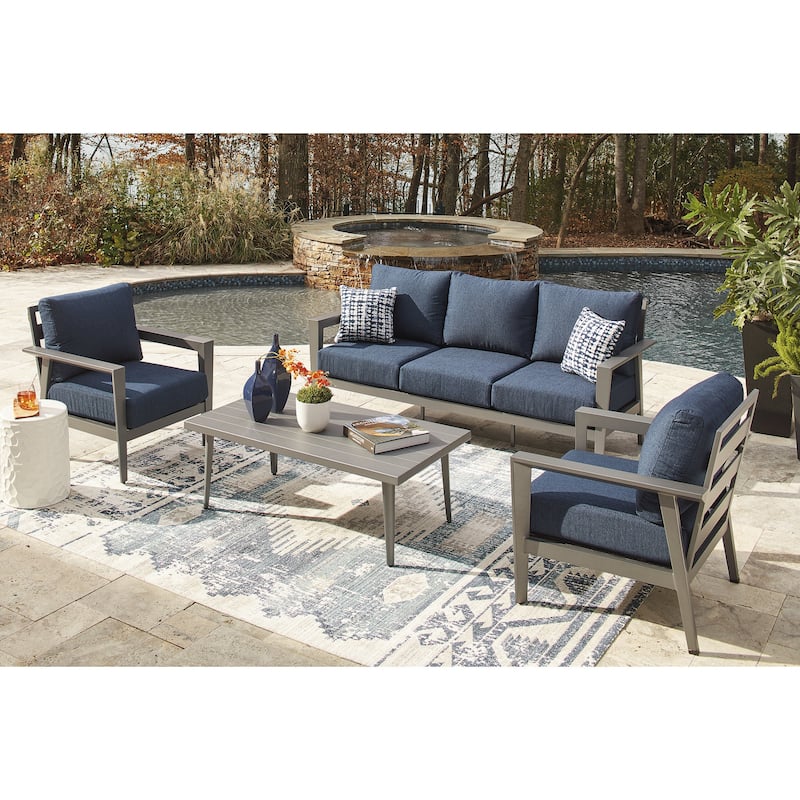 Signature Design by Ashley Gali Gray/Blue Outdoor Sofa/Chairs/Table Set (Set of 4) - 78.25" W x 33.25" D x 36.25" H