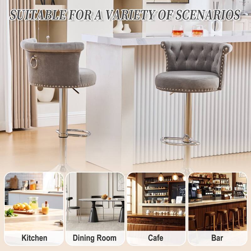 Set of 2, Adjustable Swivel Velvet Bar Stools with Silver Plated Metal Leg