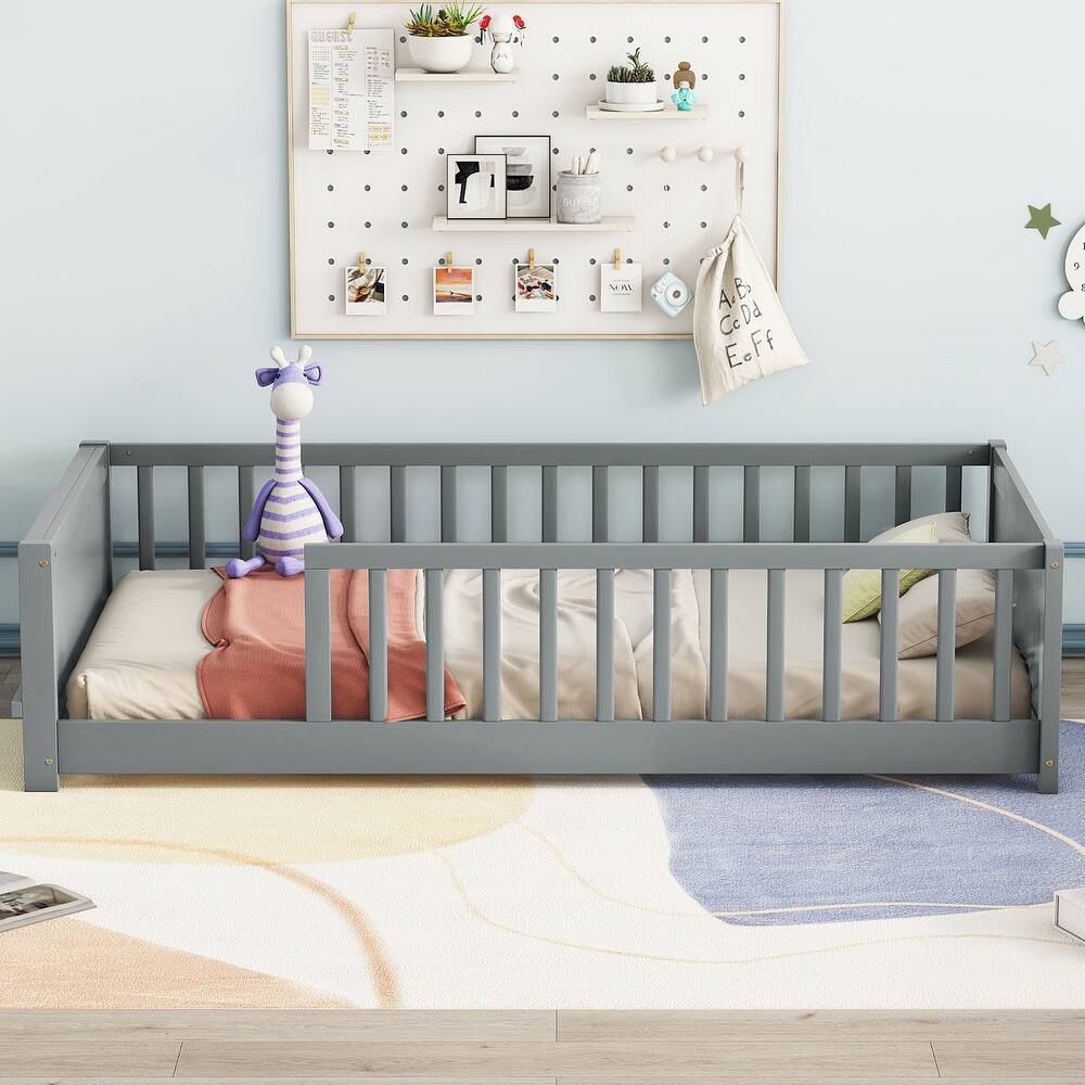 Wooden Floor Bed Frame with Slats Support, Practical Twin Size Kids Bed Frame with Safety Fence and Built In Book