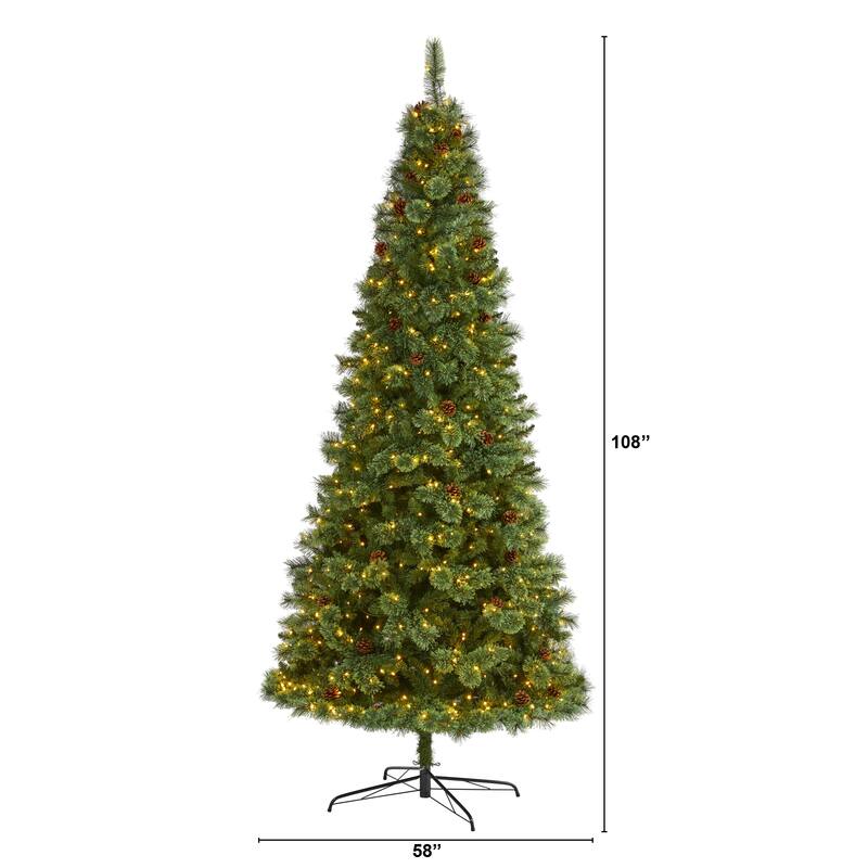 9' White Mountain Pine Artificial Christmas Tree with 650 Clear LED Lights and Pine Cones