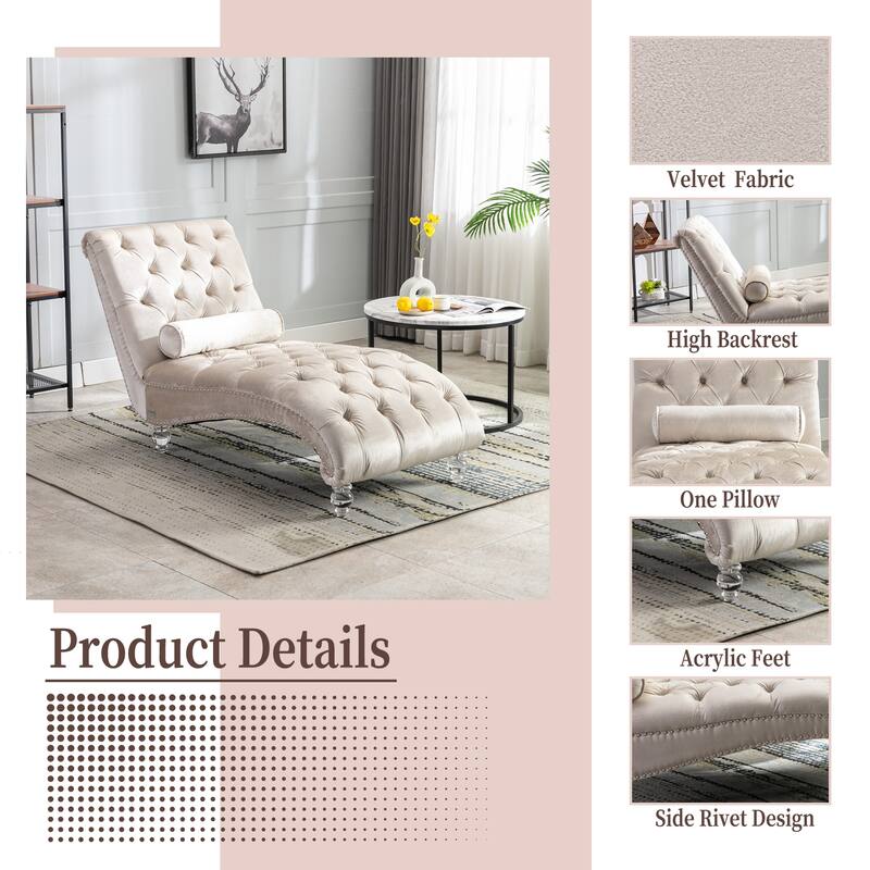 Velvet Tufted Chaise Lounge Chair Ergonomic S Shape Recliner with Pillow, Nailhead Trim and Acrylic Legs for Indoor Use