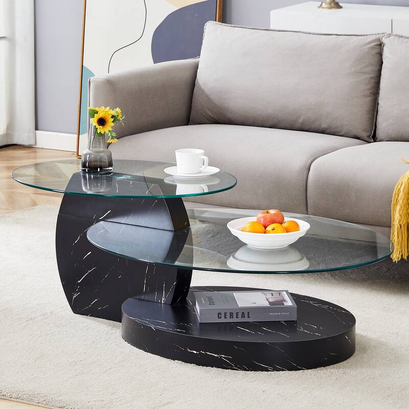 Roomfitters Double Layer Coffee Table with White Marble and Wood Grain Finish, Artistic Modern Design