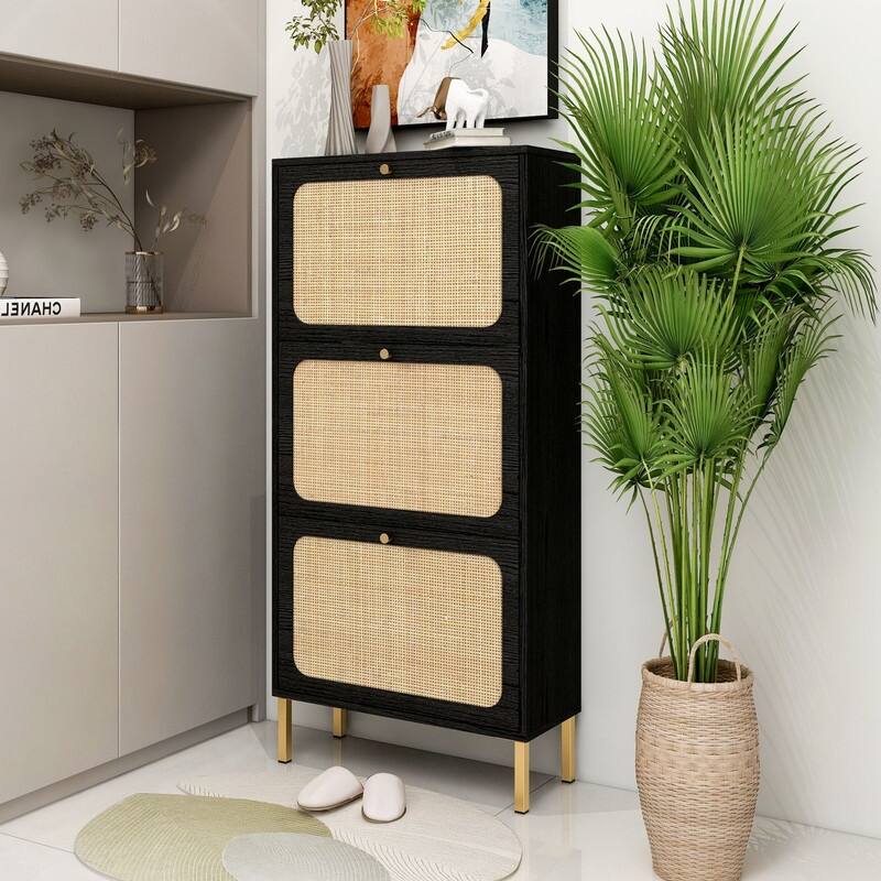 Freestanding Modern Shoe Rack Storage with 3 Natural Rattan Door