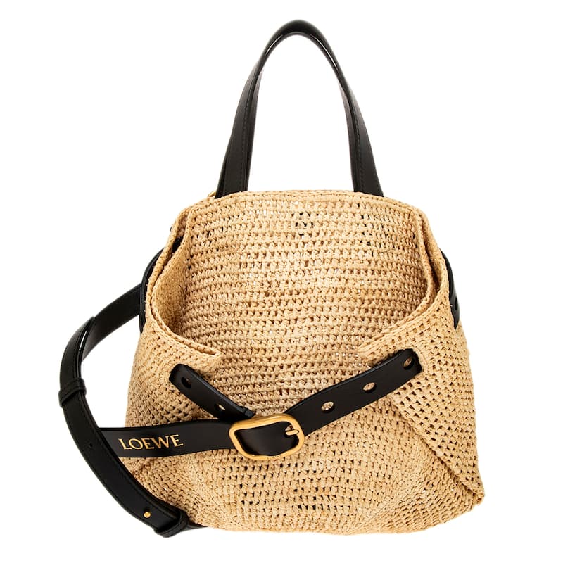 Loewe Mini Punch Hole Shopper in Raffia - Natural and Black