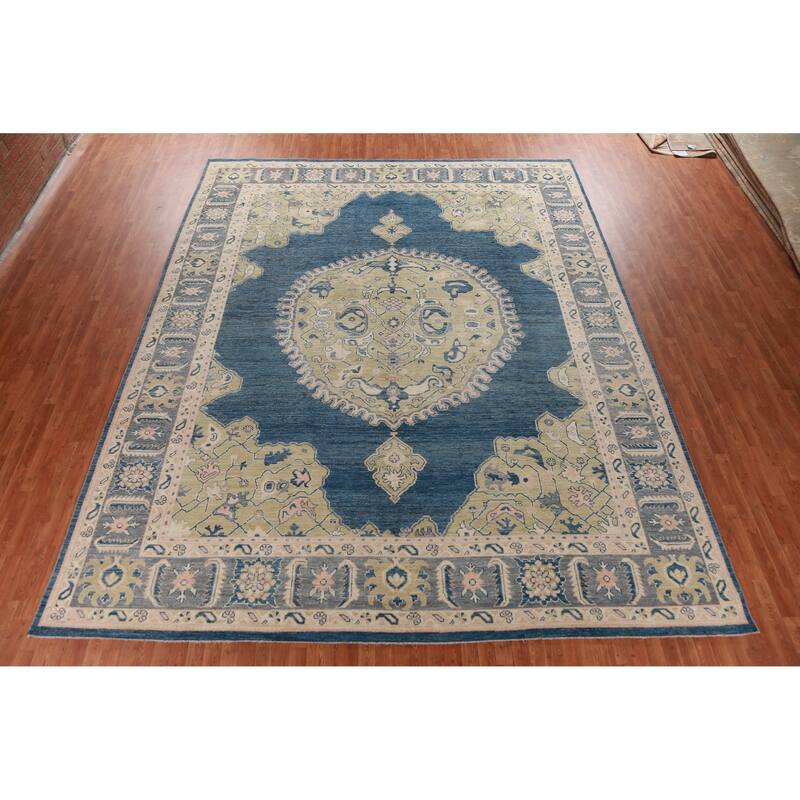 Hand Knotted Oriental 100% Wool Carpet Transitional Medallion Navy Blue & Blues Oushak Area Rug - 14' 9'' X 11' 10''