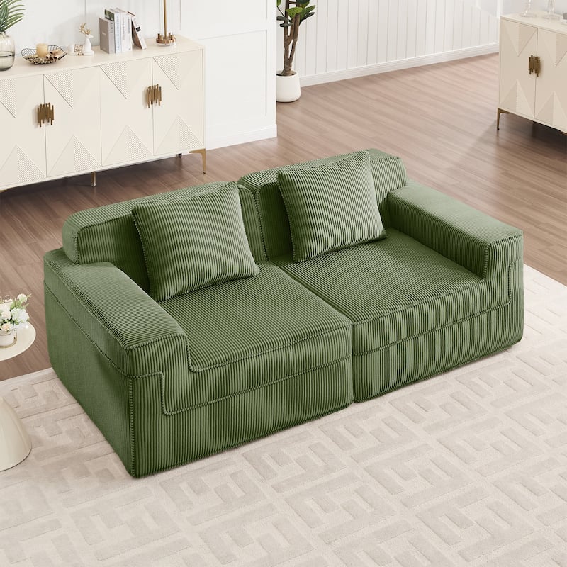 Modular 2-Seat Boneless Sofa, Modern Sectional Couch with Deep Seats, Wide Armrests, Corduroy Loveseat with Throw Pillows - Green