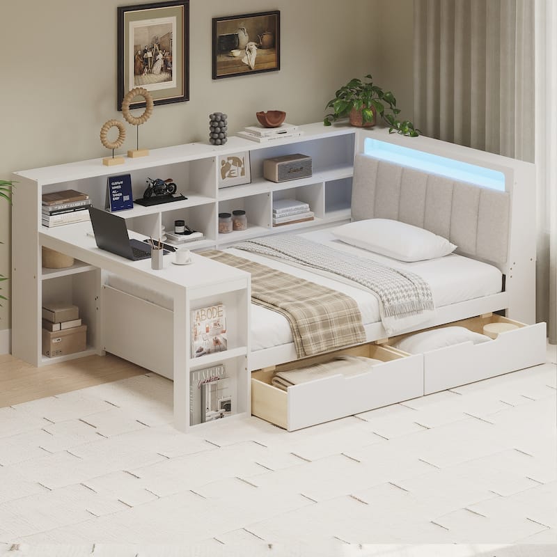 Twin Size Wooden Daybed with Desk and Storage Bookcase, Corner Bed with Headboard and Under-bed Drawers and LED Light