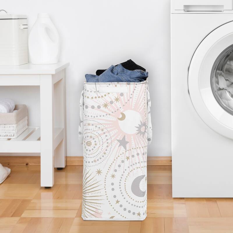 Sweet Jojo Designs Blush Pink Gold Star Moon Girl Foldable Laundry Hamper with Handles Grey Celestial Sky Stars Gray Shabby Chic