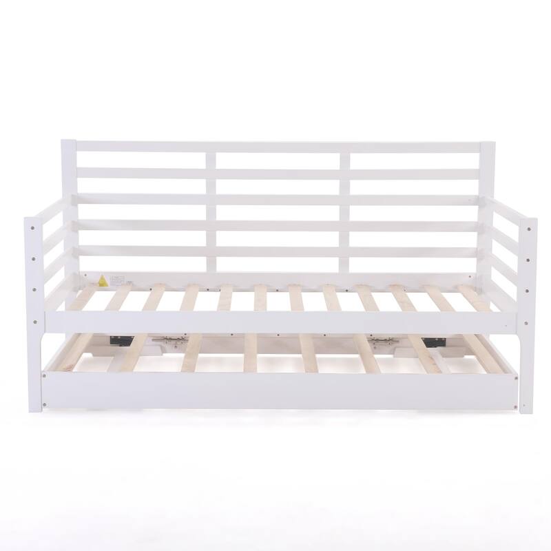 Twin Daybed with Trundle & Guardrails - White Pine Wood Sofa Bed, 350lbs Capacity, Space-Saving for Bedroom/Living Room