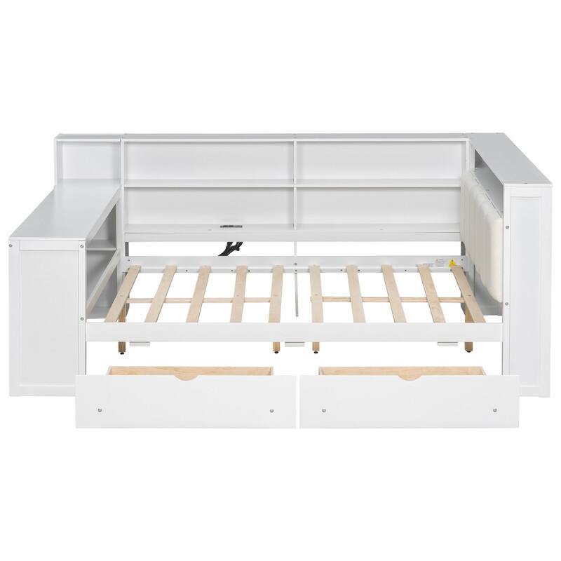 Twin/Full Size Daybed with LED Light, Side Desk and 2 Drawers, Wooden Sofa Bed with Storage Shelves and Upholstered Headboard