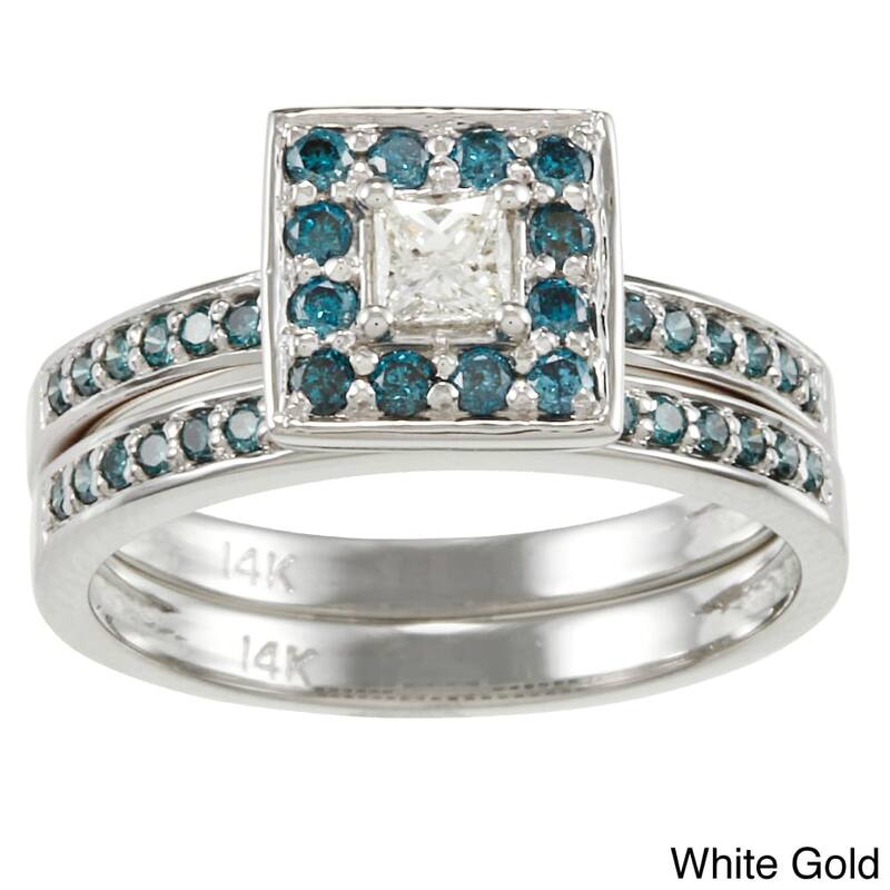 Auriya 14k Gold 1/2ctw Princess Cut Halo Blue Diamond Engagement Ring Set