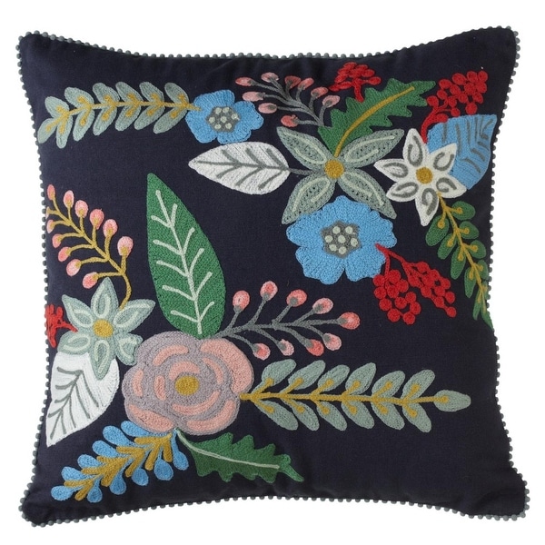 18 Indigo Embroidered Fl Decorative Squared Throw Pillow 18 Indigo Embroidered Fl Decorative Squared Throw Pillow With Trims