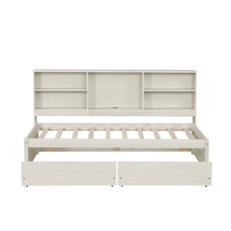 Twin Size Wooden Daybed Frame with Bookshelves, Drawers, USB Port