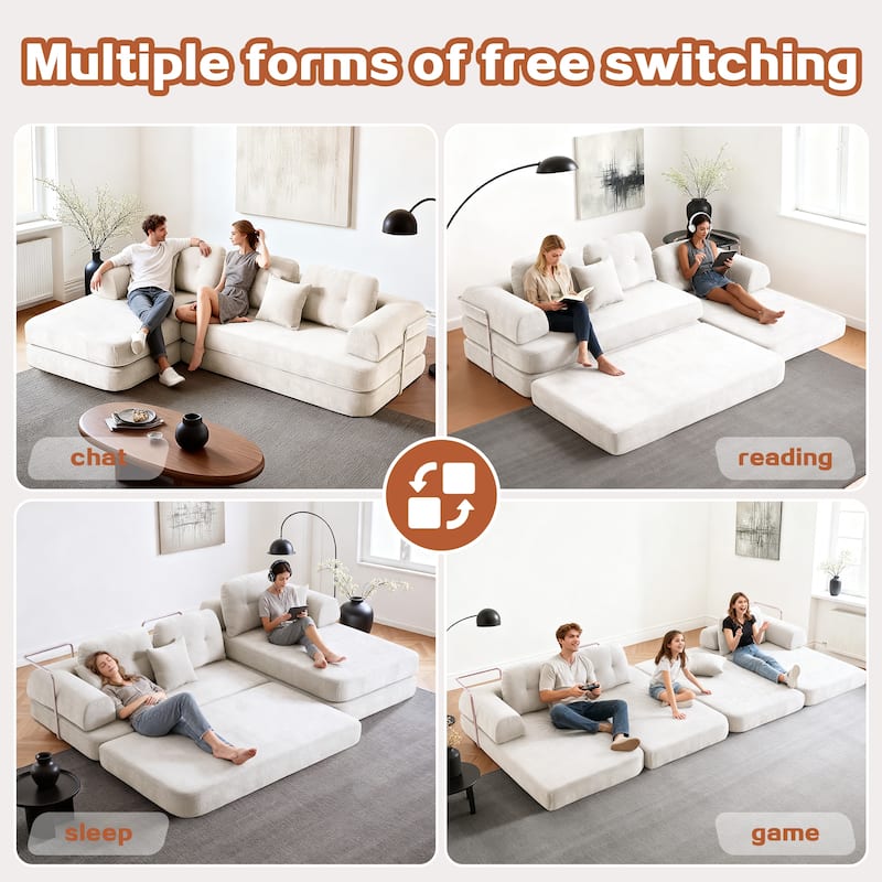 Chenille Memory Foam Sleeper Couch Freely Assembled Sectional Sofa with Chaise and Movable Armrests for Freely Assembled