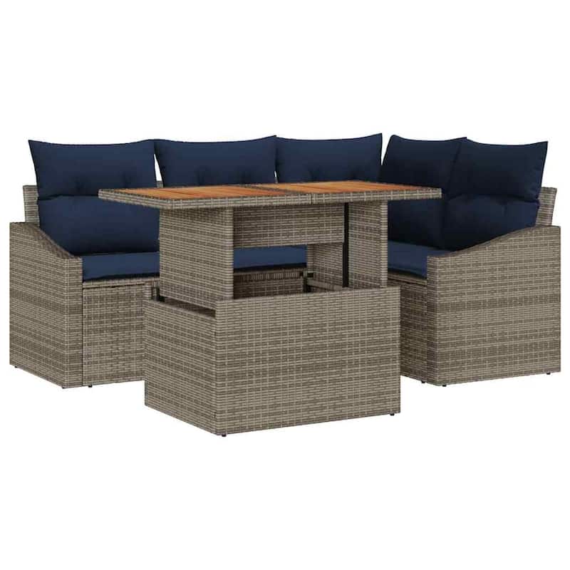 vidaXL 5 Garden Sofa Set with Cushions Black/Grey Poly Rattan - 70.3 x 48.6 x 27.2