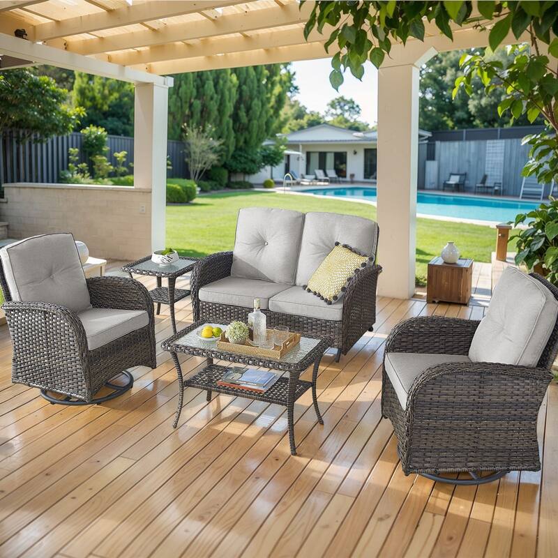 Outdoor Glider Loveseat Sofa with Swivel Chair Set - Brown - Beige