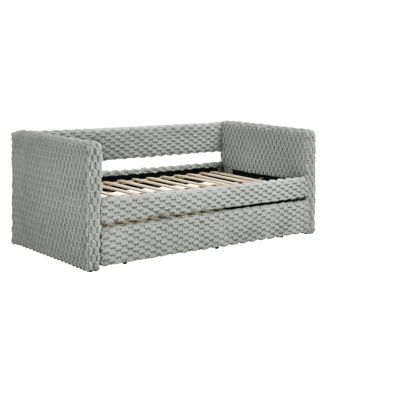 Corduroy Fabric Daybed Twin Size Upholstered Panel Frame Sofa Bed with Pull-out Trundle Bed, Low-Profile Platform Day Bed
