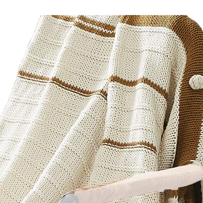Kai 50 x 70 Throw Blanket with Fringes, Soft Knitted Cotton, Ivory, Gold