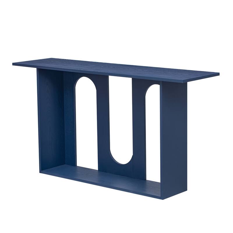 Modern Curved Design Ash Veneer Console Table with Lower Shelf, for Entryway Hallway Living Room, Foyer, Corridor, Navy Blue
