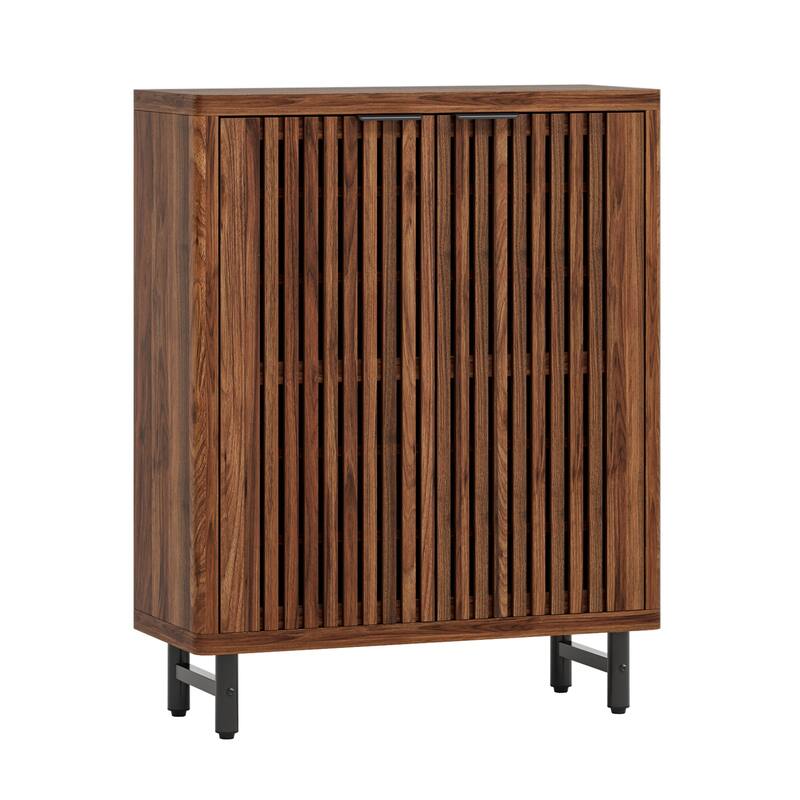 33" Modern Walnut Wooden 6-Tier Shoe Cabinet with Louvered Doors