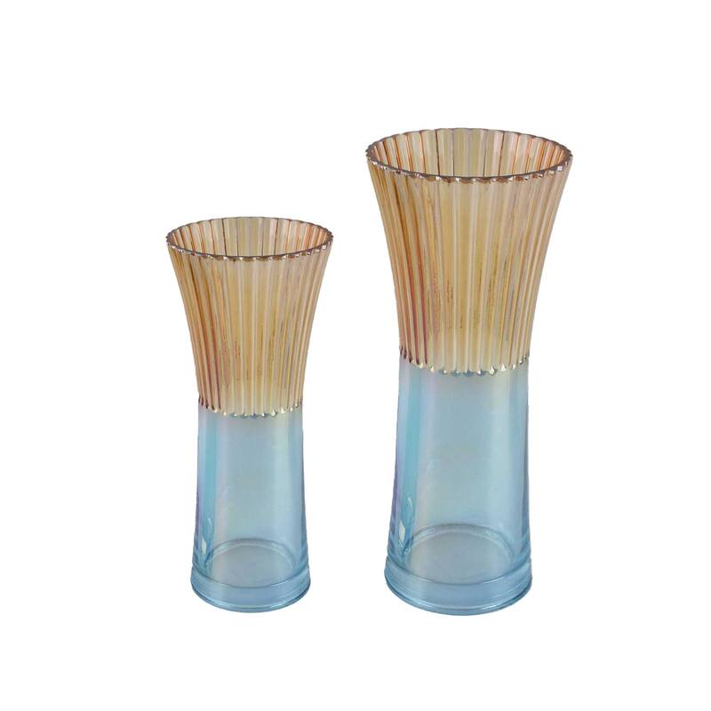 Two-Tone Blue and Gold Set of 2 Angular Modern Glass Tabletop Vases - Blue