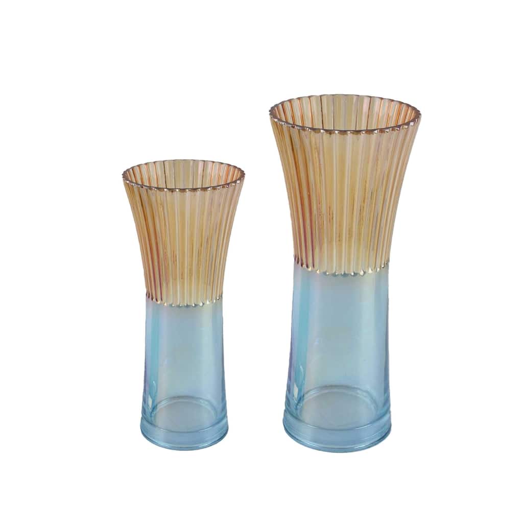 Two-Tone Blue and Gold Set of 2 Angular Modern Glass Tabletop Vases