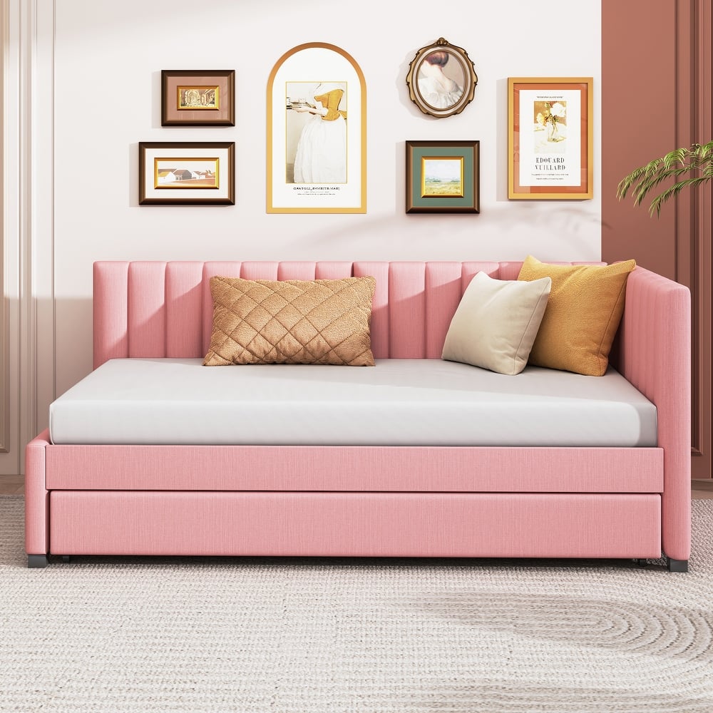 Twin Size Upholstered Daybed with Trundle Bed, L Shaped Linen Fabric Sofa Bed Frame, Living Room Twin Platform Day Bed Frame