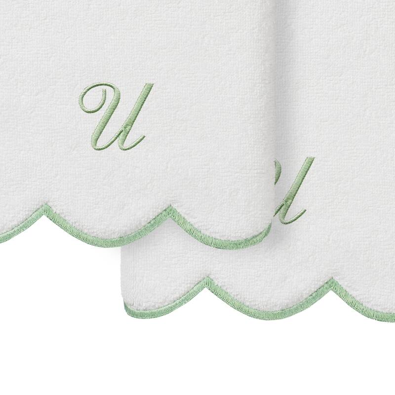 Authentic Hotel and Spa 100% Turkish Cotton Green ADORNIA Scallop Personalized 2 Piece Hand Towel Set - 2 Hand Towels